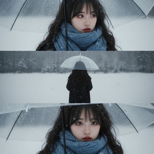 电影感冬日雪景写真三宫格 - 生成图